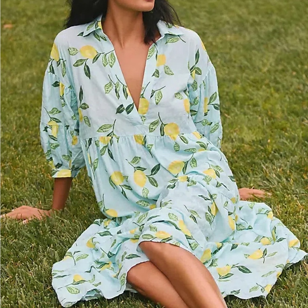 Anthropologie Lemon Print Maxi Dress - Light Blue and Yellow NWOT never worn 3x